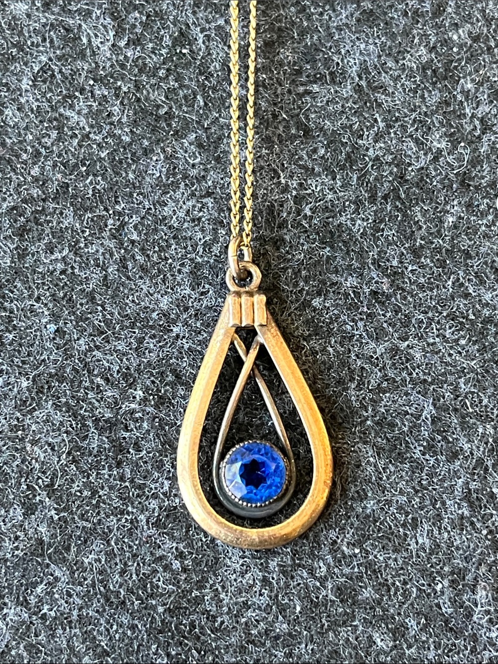 Vintage Simmons Blue Glass Teardrop Pendant Necklace Art Deco GF Over Sterling